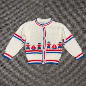 Vintage 80s White Knit Cardigan with Red and Blue Accents